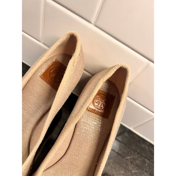 Tory Burch Jackie Canvas Natural Peep-Toe‎ Espadrille Wedges Metallic sheen 7.5 - Picture 6 of 12